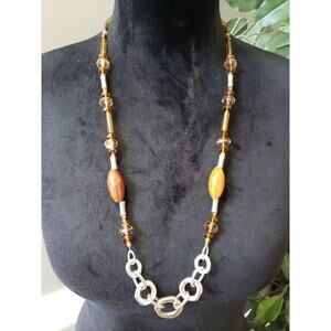 Women Vintage Amber Beaded Necklace with Large Link Chain and Toggle Clasp
